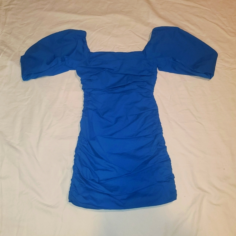 Akira blue fitted puff sleeve rooshed dress